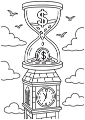 coloring book hourglass with dollar sign on clock tower, symbol of money and time management