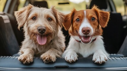 Two dogs enjoy a road trip, happily resting in the trunk of a car.