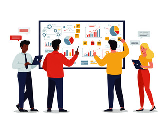 Four diverse business professionals collaborate on a data analysis presentation using charts, graphs, and sticky notes on a large whiteboard.