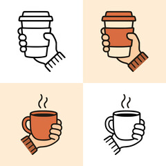 Vector illustration of hand holding coffee cup and takeaway mug in flat minimal style with warm neutral tones