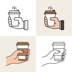 Vector illustration of hand holding takeaway coffee cup in flat minimal line art style with warm modern color palette