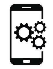 Mobile settings and system icon featuring three cogwheels (gears) partially displayed on or next to a simple smartphone outline. Represents app development, optimization, device configuration, technic