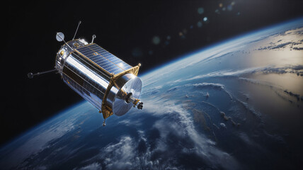 Obraz premium Satellite orbiting earth with solar panels satellite