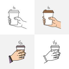 Vector illustration of hand holding hot takeaway coffee cup in minimal line art and flat color modern style