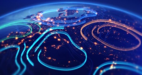 Planet earth viewed from space with glowing digital communication lines. Technology related 3d animation. - Powered by Adobe