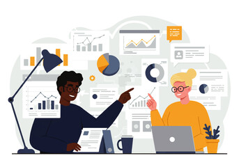 Two colleagues, a man and a woman, analyze data charts and graphs on a computer screen, pointing and discussing the information.