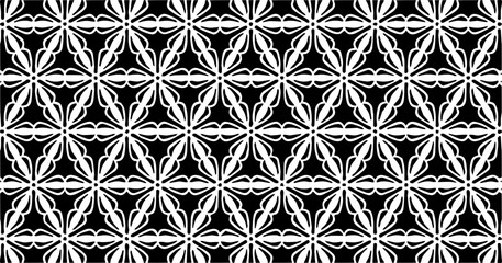 Black and white geometric pattern with floral star shapes forming a stylish seamless background. Ideal for wallpapers or fabric prints.