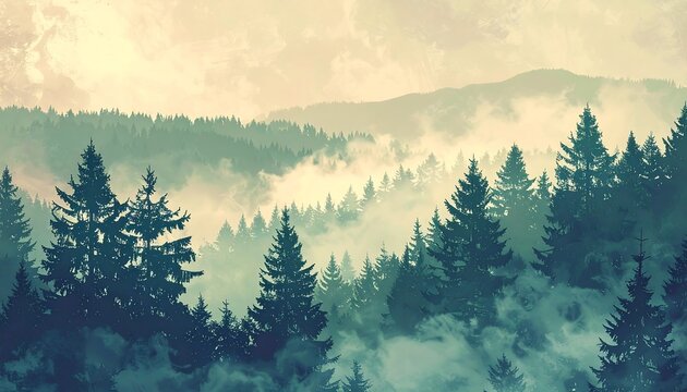 A serene landscape depicting a misty forest and mountain range under a cloudy sky, evoking a sense of calm and natural beauty