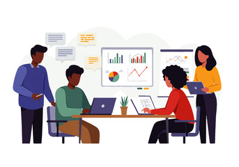 Four diverse colleagues are collaborating in a meeting, analyzing charts and graphs displayed on a screen, using laptops and tablets, and discussing ideas with speech bubbles.