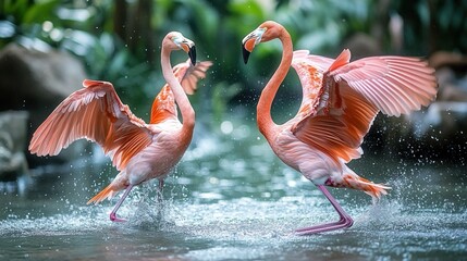 Two Flamingos Running on Water, Spreading Their Wings
