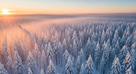 Snowy Forest Sunset Aerial View. (1)
