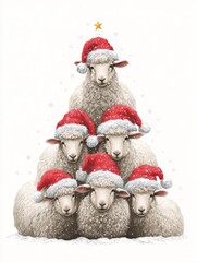A whimsical illustration of six sheep stacked like a Christmas tree, each wearing a festive red Santa hat, surrounded by gentle snowfall, Perfect for holiday marketing or greeting cards,