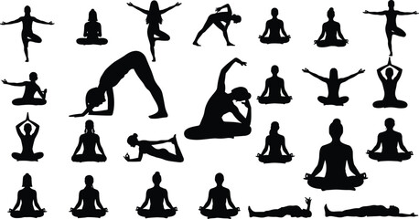 Silhouette yoga poses collection, meditation, stretching, balance, flexibility, downward dog, tree pose, cobra posture, exercise fitness, cad drawing flat vector illustration