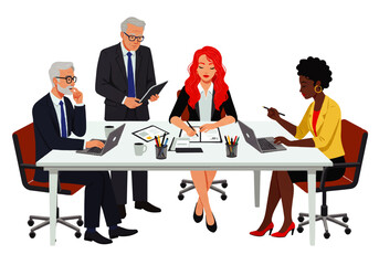 Four business professionals, three women and one man, are seated around a table during a meeting, working on laptops and taking notes.