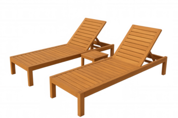 Wooden sun loungers and side table for outdoor relaxation with isolated transparent background