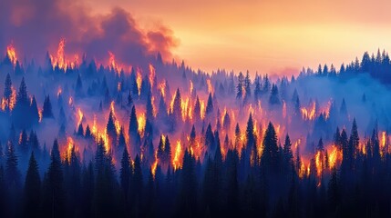 Inferno in the Wilderness: A raging forest fire engulfs a vast expanse of trees, painting the sky with smoke and flames. Capturing the raw power of nature's wrath.