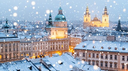 Fototapeta premium Winter Wonderland: A picturesque European city draped in a blanket of fresh snow, with stunning architectural details, under the serene glow of a winter sky, creating a magical atmosphere.