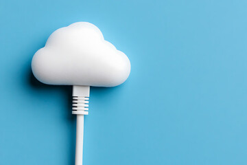 Cloud computing concept, featuring a white cloud connected to a data cable against a bright blue background. Minimalistic visual of cloud technology and connectivity.