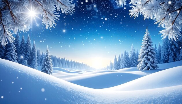 A serene winter scene with snow-covered hills, pine trees, and a starry sky, viewed through frosty branches