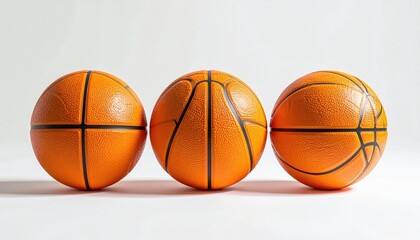 Three orange textured basketballs with black lines are lined up evenly against a bright white background under studio lighting