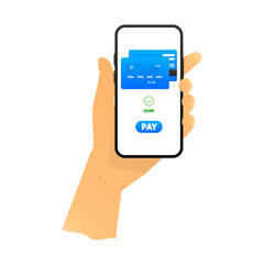 Hand Holding Smartphone for Contactless Payment. POS Terminal Transaction Approved. NFC Digital concept. Vector illustration.