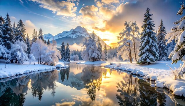 A serene winter scene with snow-covered trees lining a calm river reflecting a vibrant sunrise over distant mountains