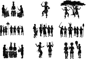 Silhouette of tribal people dancing and playing drums under trees, traditional cultural celebration and ethnic music performance vector illustration © Sammi's World
