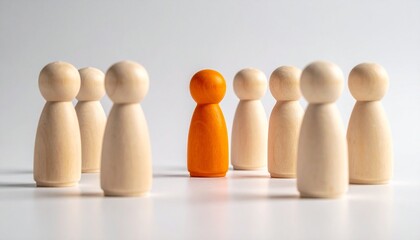 Orange figurine among natural wood group on neutral background, symbolizing individuality and presence.