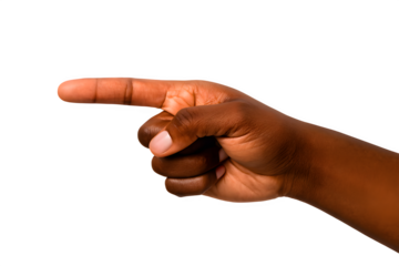 Dark-skinned hand pointing left on white background, ideal for direction, navigation, or instructional visuals. isolated on transparent background