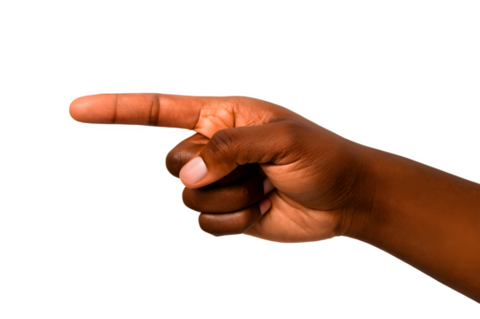 Dark-skinned hand pointing left on white background, ideal for direction, navigation, or instructional visuals. isolated on transparent background
