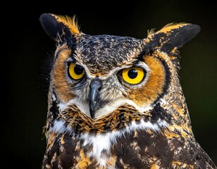 Close-up of a magnificent owl with intense yellow eyes, looking directly