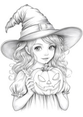 Halloween witch holding a mystical pumpkin. Freehand sketch and coloring book page for adults.