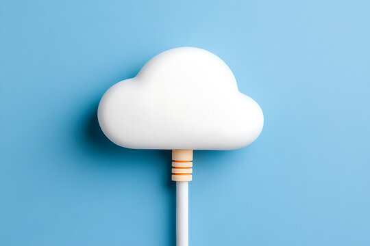 Minimalist cloud connected by a white cable, against a vibrant blue backdrop. A clean, modern, and simple aesthetic for designs related to data, weather or tech solutions.