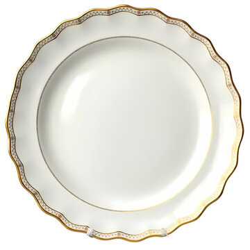 White ornate ceramic serving plate with a scalloped edge and golden trim isolated on transparent background