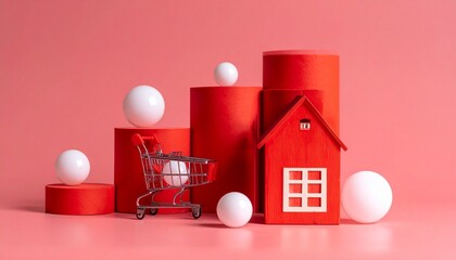 Red cylindrical platforms with white spheres, shopping carts, and red house on red background.