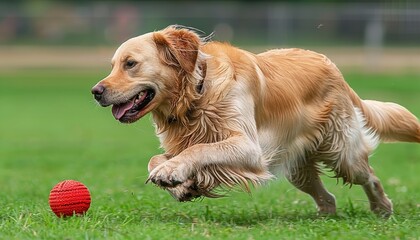 Joyful golden retriever playing fetch on a lush green field during a bright sunny day
