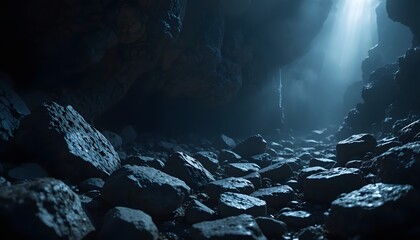 Dark Rocky Cave with Sunlight Rays and Stone Floor