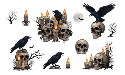Fototapeta premium Halloween skulls, crows, and candles