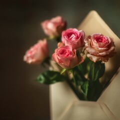 Beautiful pink roses in an envelope romantic floral arrangement for valentine's day and special occasions