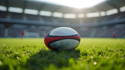Rugby ball positioned in the middle of a green grassy field under bright sunlight, detailed close-up highlighting texture and vibrant colors, symbol of sport, leisure, and outdoor activity