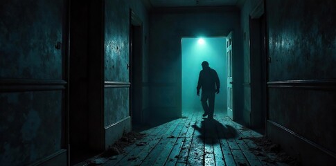Shadowy Figure in Abandoned House A Chilling Atmosphere of Suspense and Horror, Perfect for Thriller Movie Posters and Marketing
