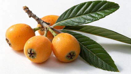Closeup of fresh loquat fruits with green leaves isolated on white background, showcasing their vibrant color and natural beauty