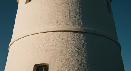 Close-up of a lighthouse tower, featuring a textured white surface, a band at the middle, and a small window
