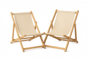 Pair of wooden deck chairs with canvas seating, symbolizing summer relaxation, vacation, and travel on transparent background