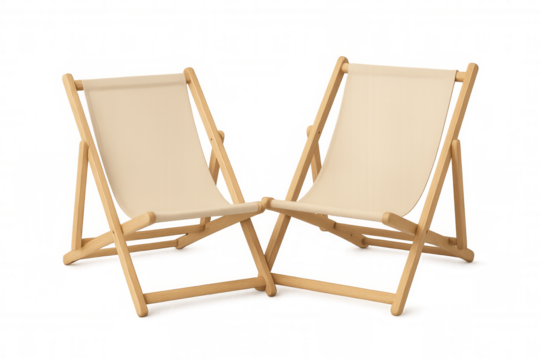 Pair of wooden deck chairs with canvas seating, symbolizing summer relaxation, vacation, and travel on transparent background