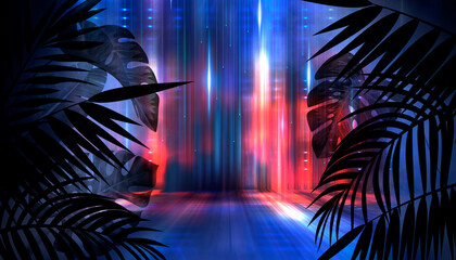 Silhouettes of tropical leaves empty scene background, abstract multicolored neon lights.