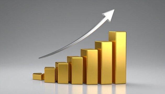 Gold bar graph with upward white arrow, gray gradient background. - Powered by Adobe
