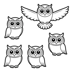 Fototapeta premium Five cartoon owls with large eyes one flying with wings spread illustration bird