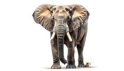 Fototapeta premium Majestic front-facing portrait of a large African elephant, highlighting its tusks and textured skin. Dust kicked up adds dynamic flair against the stark white backdrop
