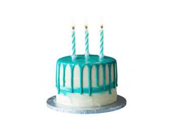 A festive white cake with teal dripping frosting and three lit candles isolated on transparent background